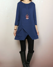 Load image into Gallery viewer, 3/4 sleeve cotton tunic top, Boho tunic tops, casual loose t-shirt, women's dark blue long tops(Y2008)