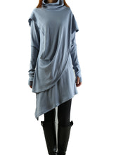 Load image into Gallery viewer, Rib Knit Dress/High Neck Dress/Thumb hole Sleeves t-shirt/Womens Tunic Dress/Cotton Asymmetric T-shirt/Long Sleeve Tunic Top/Oversized Shirt/Casual T-shirt Customized(Y1535S) - lijingshop