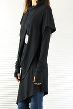Load image into Gallery viewer, High Neck Dress/Rib Knit Dress/Thumb hole Sleeves t-shirt/Womens Tunic Dress/Cotton Asymmetric T-shirt/Long Sleeve Tunic Top/Oversized Shirt/Casual T-shirt Customized(Y1535S) - lijingshop