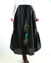 Load image into Gallery viewer, Women's linen skirt/maxi skirt/elastic waist peacock feather skirt/plus size skirt/oversize skirt/casual skirt/black skirt(Q1009) - lijingshop