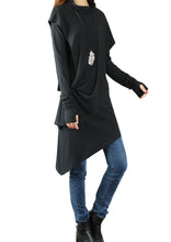 Load image into Gallery viewer, High Neck Dress/Rib Knit Dress/Thumb hole Sleeves t-shirt/Womens Tunic Dress/Cotton Asymmetric T-shirt/Long Sleeve Tunic Top/Oversized Shirt/Casual T-shirt Customized(Y1535S) - lijingshop