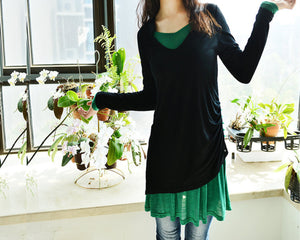 Women's cotton tunic top/asymmetrical tunic dress/plus size top/v-neck tunic dress/two pieces dress/long sleeve t-shirt Q0078