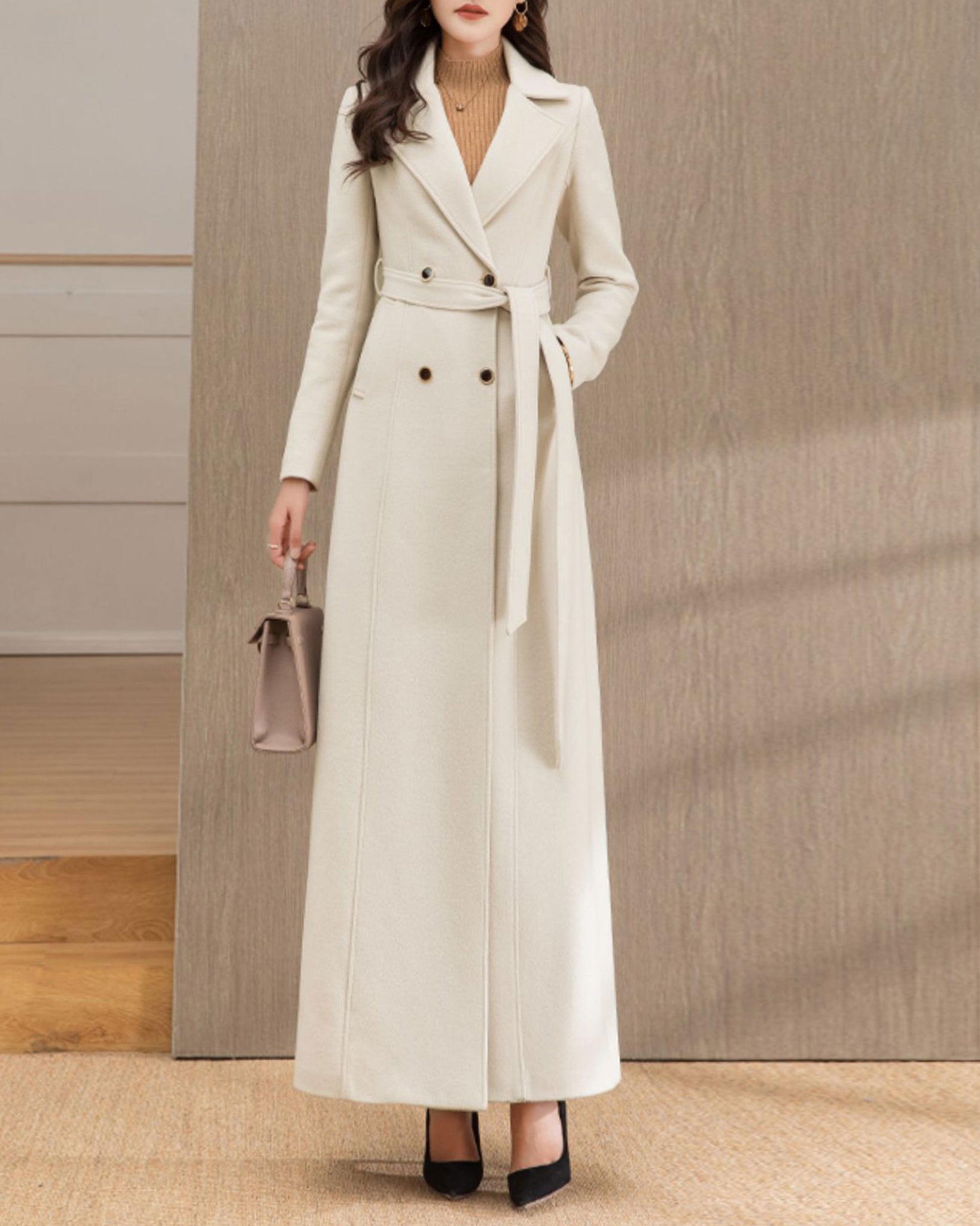 Maxi winter wool coat with belt 4586 beige / M Maxi winter wool coat with belt 4586 beige / M