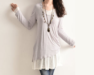 Women's cotton tunic top/asymmetrical tunic dress/plus size top/v-neck tunic dress/two pieces dress/long sleeve t-shirt Q0078