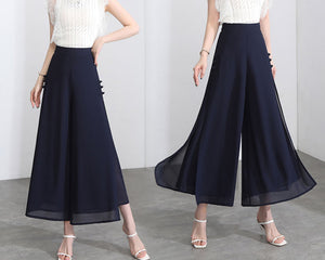 Women elastic waist Pants/cropped pants/chiffon pants/Wide leg pants/chiffon skirt pants/black pants/Plus Size pants P0038