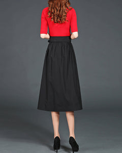 Midi skirt/Cotton skirt/A-line skirt/pleated skirt/dark blue skirt/elastic waist skirt/black skirt L0018