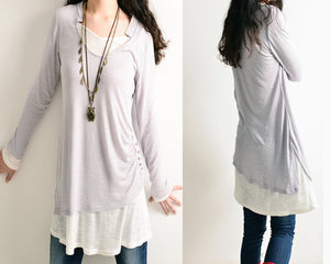 Women's cotton tunic top/asymmetrical tunic dress/plus size top/v-neck tunic dress/two pieces dress/long sleeve t-shirt Q0078