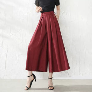 Women linen pants/Cropped trousers/black pants/high waist trousers/wide leg pants/elastic waist Pants/palazzo pants P0025