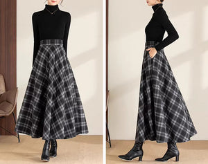 Winter skirt/Maxi skirt/Plaid skirt/Wool skirt/a-line skirt/long skirt/elastic waist skirt/skirt with pockets A0081