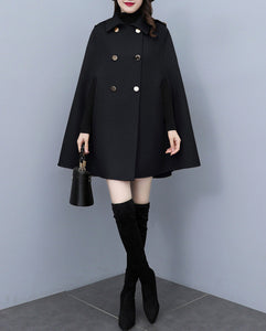 Cape coat Women, wool poncho jacket, wool cloak coat, wool shawl winter coat, double breasted buttoned coat(Y1105)