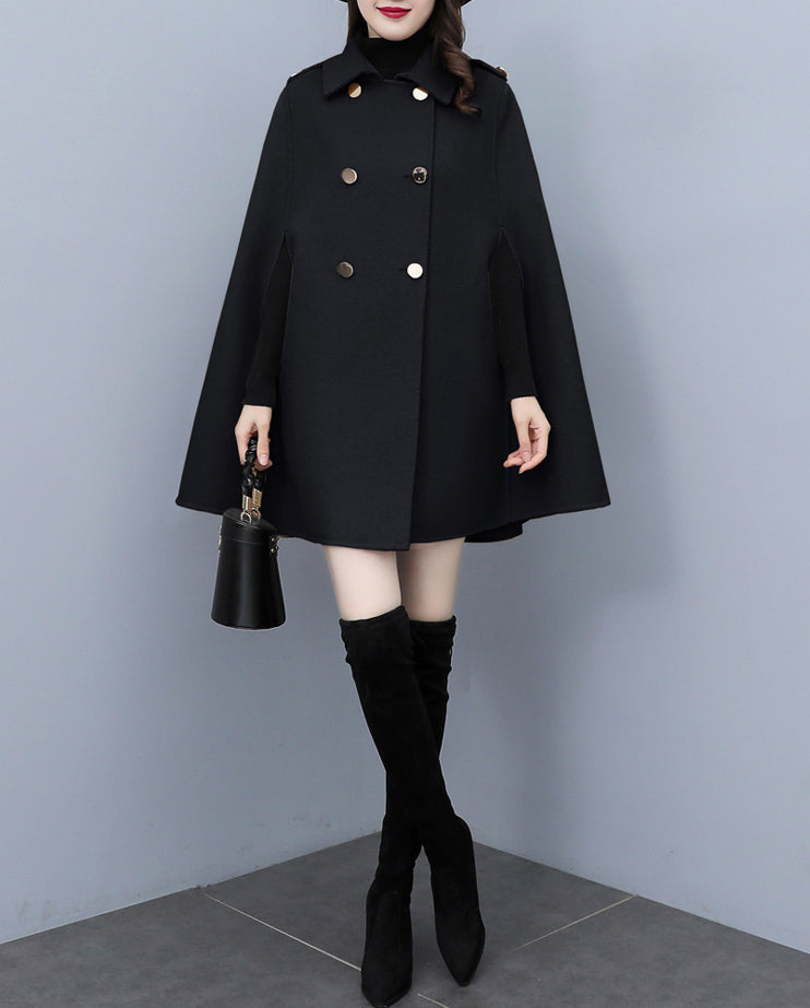 Cape coat Women, wool poncho jacket, wool cloak coat, wool shawl winter coat, double breasted buttoned coat(Y1105)