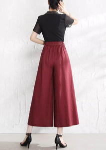 Women linen pants/Cropped trousers/black pants/high waist trousers/wide leg pants/elastic waist Pants/palazzo pants P0025