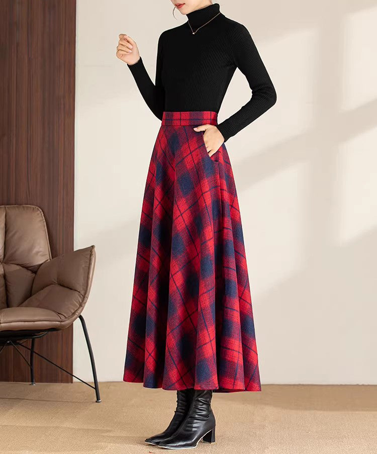 Winter skirt/Maxi skirt/Plaid skirt/Wool skirt/a-line skirt/long skirt/elastic waist skirt/skirt with pockets A0081