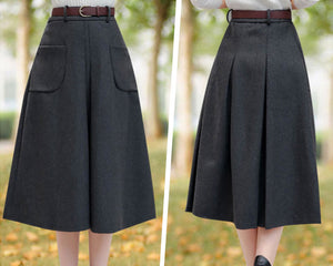 Winter skirt/Wool skirt/Midi skirt/A-line skirt/pleated skirt/black skirt/skirt with pockets A0010