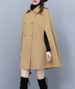 Cape coat Women, wool poncho jacket, wool cloak coat, wool shawl winter coat, double breasted buttoned coat(Y1105)