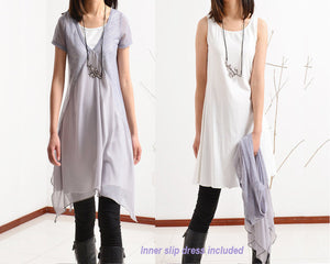 Women's cotton tunic dress/cotton tank dress/asymmetrical tunic dress/plus size top/v-neck tunic dress/two pieces dress/long sleeve t-shirt Q0088