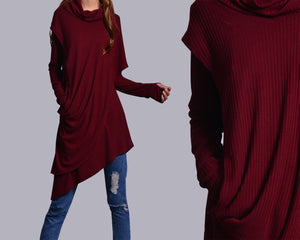 Rib Knit Dress/High Neck Dress/Thumb hole Sleeves t-shirt/Womens Tunic Dress/Cotton Asymmetric T-shirt/Long Sleeve Tunic Top/Oversized Shirt/Casual T-shirt Customized(Y1535S)