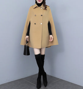 Cape coat Women, wool poncho jacket, wool cloak coat, wool shawl winter coat, double breasted buttoned coat(Y1105)