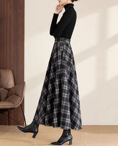 Winter skirt/Maxi skirt/Plaid skirt/Wool skirt/a-line skirt/long skirt/elastic waist skirt/skirt with pockets A0081