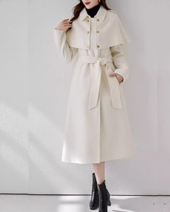 Cape coat, Wool Coat women, white coat, Long Wool Jacket, Coat dress, Winter Coat, Trench Coat, midi coat, Belt Coat, Handmade Coat(Y1109)