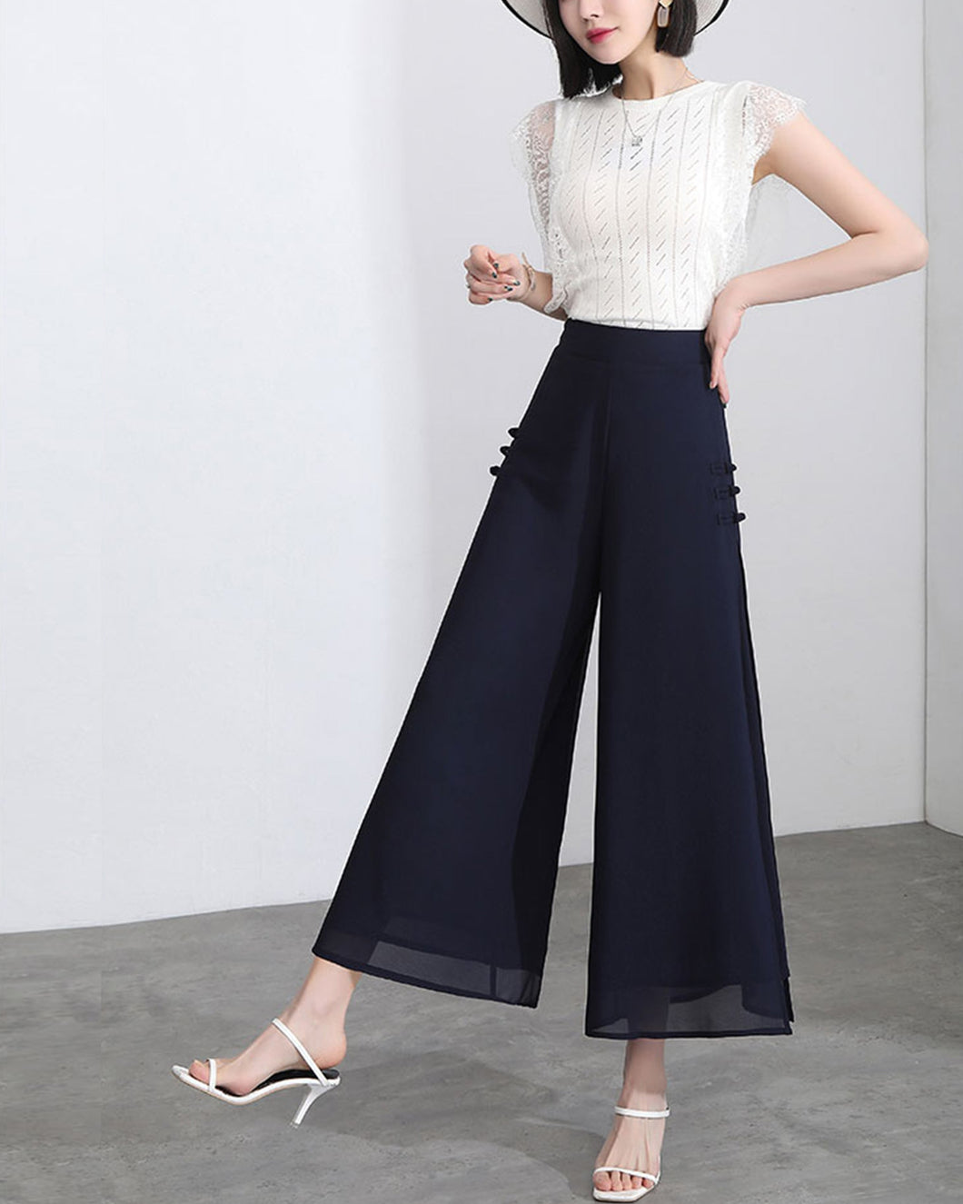 Women elastic waist Pants/cropped pants/chiffon pants/Wide leg pants/chiffon skirt pants/black pants/Plus Size pants P0038