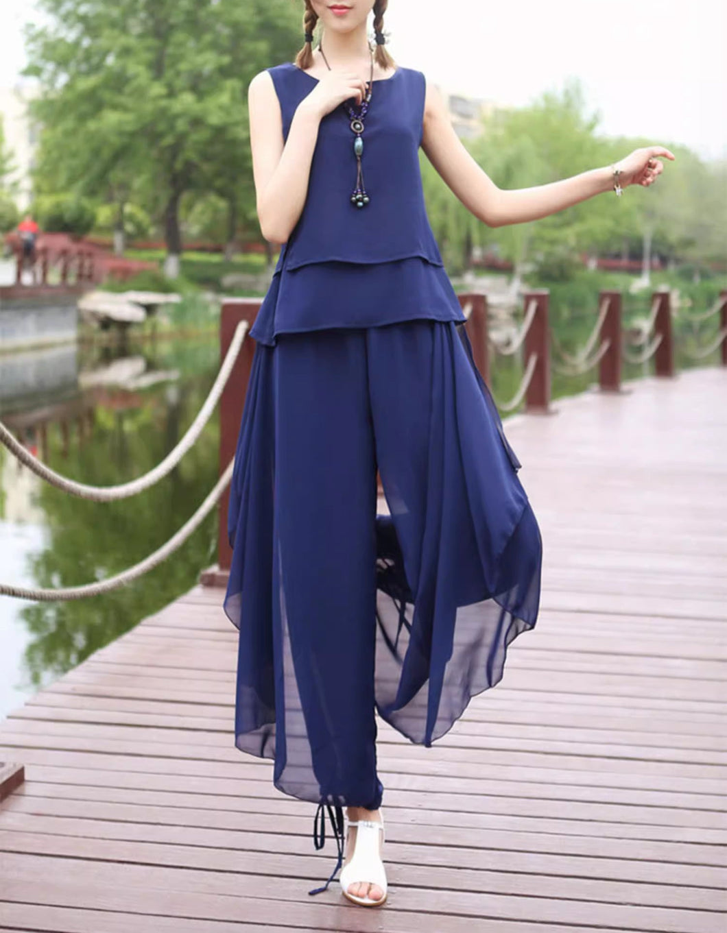 Chiffon top and skirt pants set, sleeveless tops, elastic waist pants, summer suit, wide leg pants, 2 pieces pants(P2121)