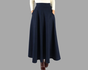 Wool skirt/Maxi skirt/winter skirt/a-line skirt/pleated skirt/dark blue skirt/elastic waist skirt/skirt with pockets A05