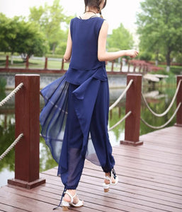 Chiffon top and skirt pants set, sleeveless tops, elastic waist pants, summer suit, wide leg pants, 2 pieces pants(P2121)