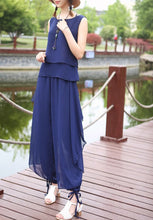 Load image into Gallery viewer, Chiffon top and skirt pants set, sleeveless tops, elastic waist pants, summer suit, wide leg pants, 2 pieces pants(P2121)
