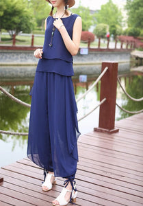 Chiffon top and skirt pants set, sleeveless tops, elastic waist pants, summer suit, wide leg pants, 2 pieces pants(P2121)