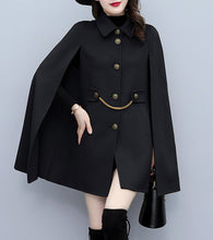 Load image into Gallery viewer, Cape coat Women, wool poncho jacket, wool cloak coat, wool shawl winter coat, black buttoned coat(Y1205)
