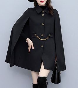 Cape coat Women, wool poncho jacket, wool cloak coat, wool shawl winter coat, black buttoned coat(Y1205)