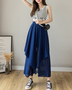 Women black pants/Cropped skirt pants/chiffon pants/high waist trousers/wide leg pants/elastic waist Pants P0028