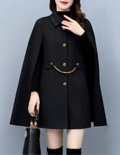 Load image into Gallery viewer, Cape coat Women, wool poncho jacket, wool cloak coat, wool shawl winter coat, black buttoned coat(Y1205)
