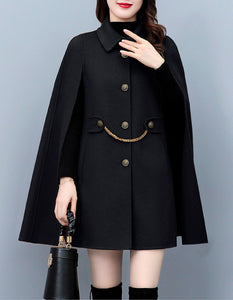 Cape coat Women, wool poncho jacket, wool cloak coat, wool shawl winter coat, black buttoned coat(Y1205)