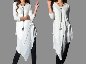 Women's 3/4 Sleeve Tunic top, Chiffon and Modal Tunic Dress, Asymmetrical Dress, Customized Dress, White dress, Casual t-shirt, half sleeve top(Q1997a)