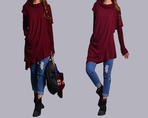 Rib Knit Dress/High Neck Dress/Thumb hole Sleeves t-shirt/Womens Tunic Dress/Cotton Asymmetric T-shirt/Long Sleeve Tunic Top/Oversized Shirt/Casual T-shirt Customized(Y1535S)