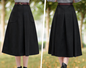 Winter skirt/Wool skirt/Midi skirt/A-line skirt/pleated skirt/black skirt/skirt with pockets A0010