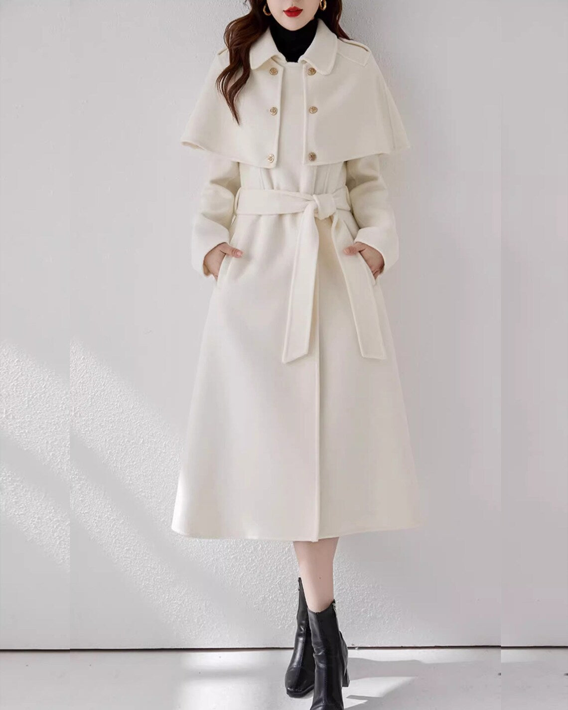 Cape Coat, Wool Coat Women, White Coat, Long Wool Jacket, Coat Dress, Winter Coat, Trench Coat, Midi Coat, Belt Coat, Handmade Coat(Y1109) XL(US 18) / Cape Coat, Wool Coat Women, White Coat, Long Wool Jacket, Coat Dress, Winter Coat, Trench Coat, Midi Coat, Belt Coat, Handmade Coat(Y1109) XL(US 18) /