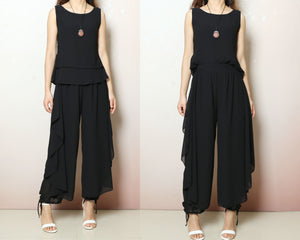 Chiffon top and skirt pants set, sleeveless tops, elastic waist pants, summer suit, wide leg pants, 2 pieces pants(P2121)