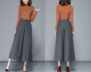 Wool skirt pants, Wool pants women, cropped pants, wide leg pants, loose pants, women trousers, winter pants (K3108)