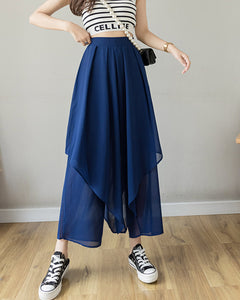 Women black pants/Cropped skirt pants/chiffon pants/high waist trousers/wide leg pants/elastic waist Pants P0028