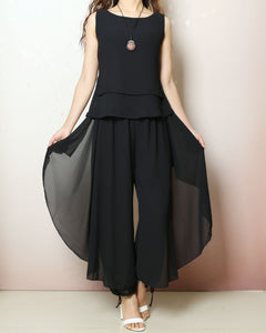 Chiffon top and skirt pants set, sleeveless tops, elastic waist pants, summer suit, wide leg pants, 2 pieces pants(P2121)