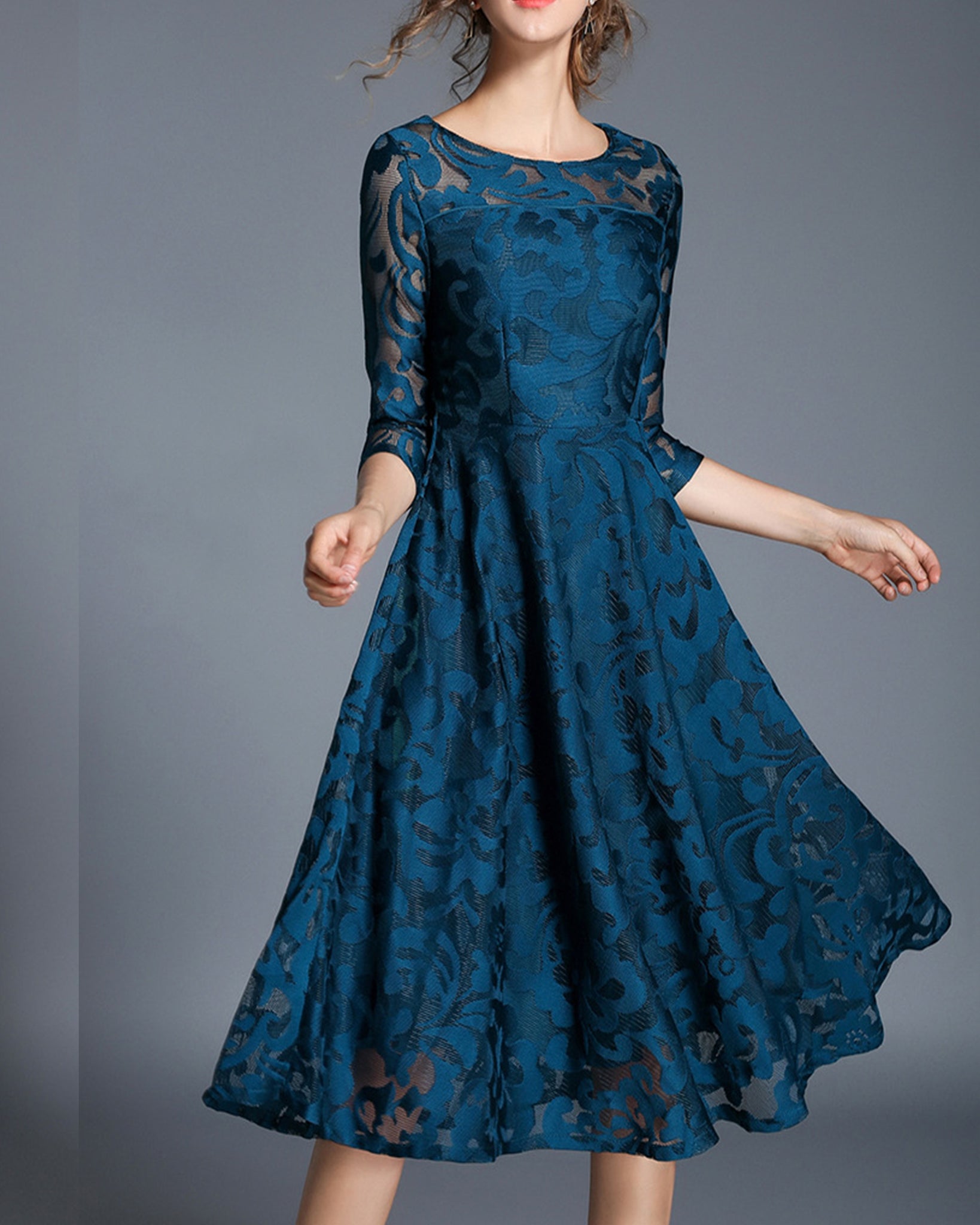 Women's Crew Neck Dress, Lace Dress, 3/4 Sleeve Dress, Midi Dress, Party Dress, Evening Dress, Black Dress(Q2098) L(US 14) / Blue Women's Crew Neck Dress, Lace Dress, 3/4 Sleeve Dress, Midi Dress, Party Dress, Evening Dress, Black Dress(Q2098) L(US 14) / Blue