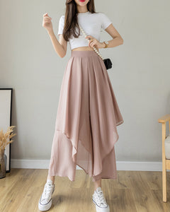 Women black pants/Cropped skirt pants/chiffon pants/high waist trousers/wide leg pants/elastic waist Pants P0028