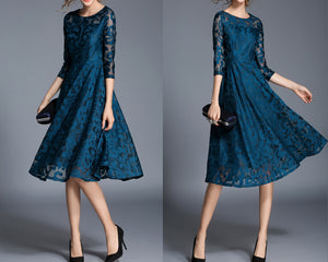 Women's crew neck dress, Lace dress, 3/4 sleeve dress, midi dress, party dress, evening dress, black dress(Q2098)