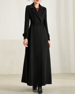 Wool coat for women, maxi coat, coat dress, black coat, winter coat, flare coat, buttoned jacket, wool overcoat, coat with pockets (Y2171)