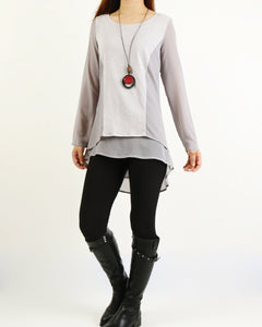 Asymmetrical t-shirt, Cotton and chiffon t-shirt, Long sleeve top, crew neck t-shirts, cotton top, patchwork t-shirt(Y1192)