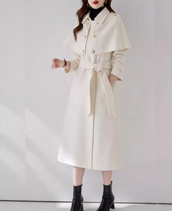 Cape coat, Wool Coat women, white coat, Long Wool Jacket, Coat dress, Winter Coat, Trench Coat, midi coat, Belt Coat, Handmade Coat(Y1109)