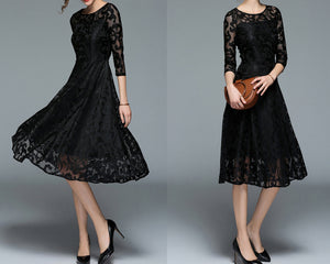 Women's crew neck dress, Lace dress, 3/4 sleeve dress, midi dress, party dress, evening dress, black dress(Q2098)